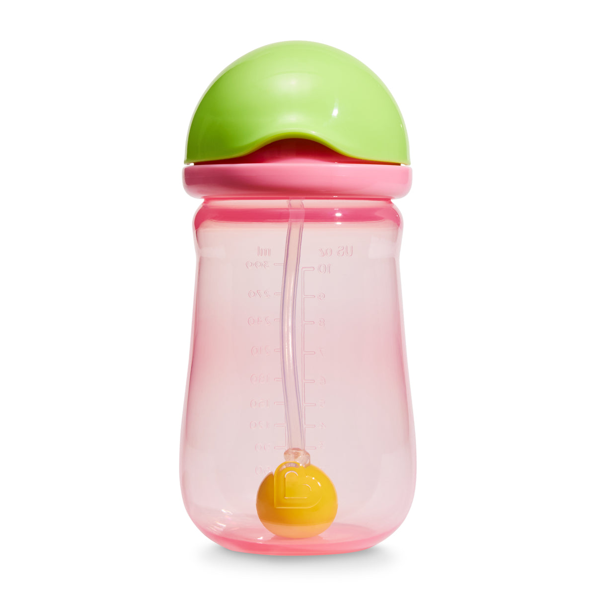 Pink sippy cup with green lid and yellow ball on a white background