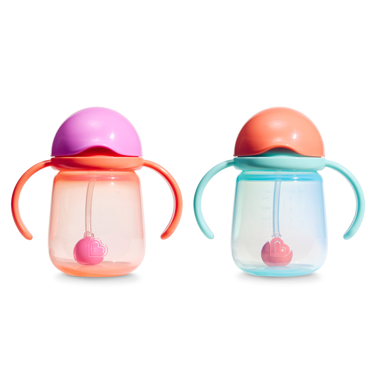 Two colorful sippy cups with handles on a white background