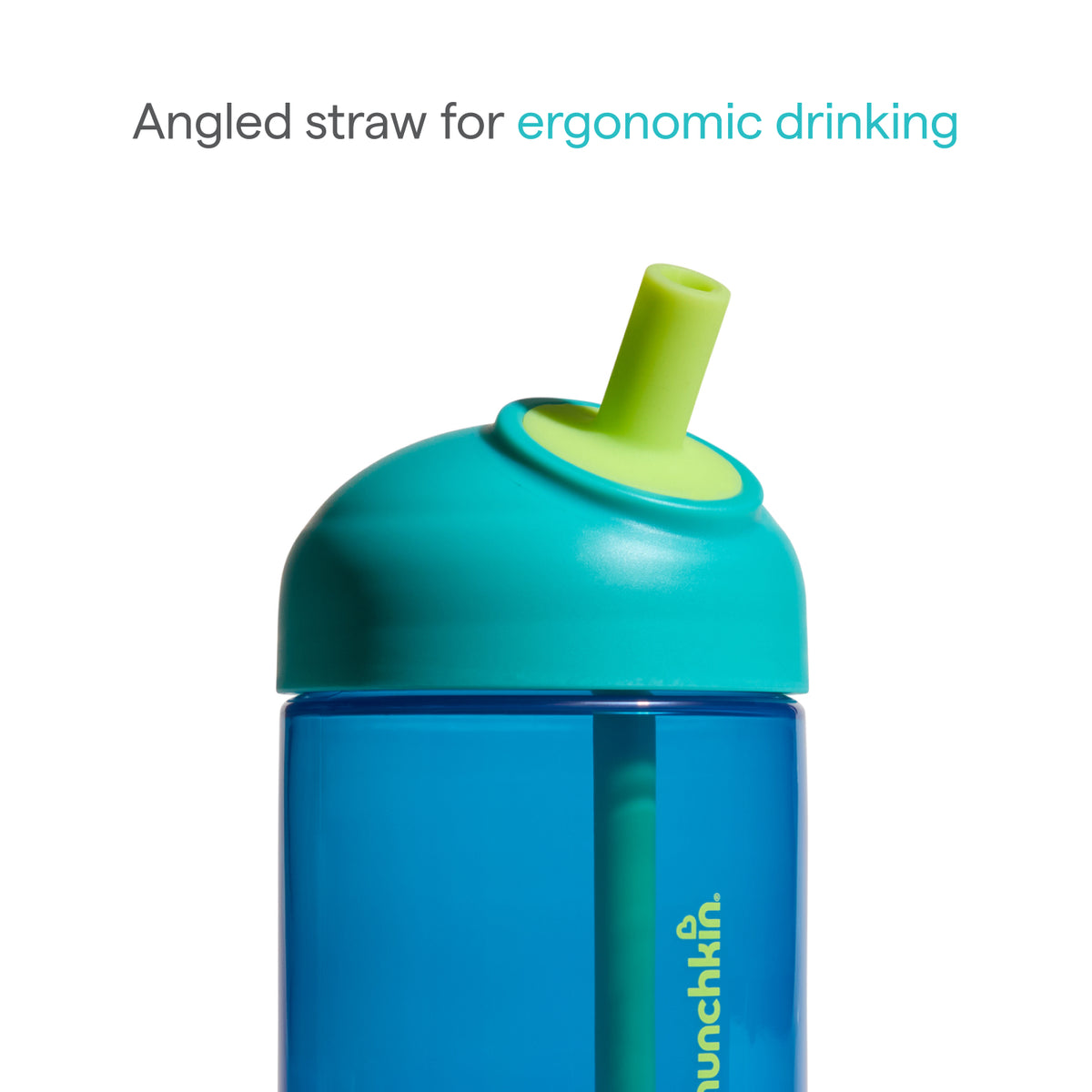 Blue sippy cup with green straw lid on a white background
