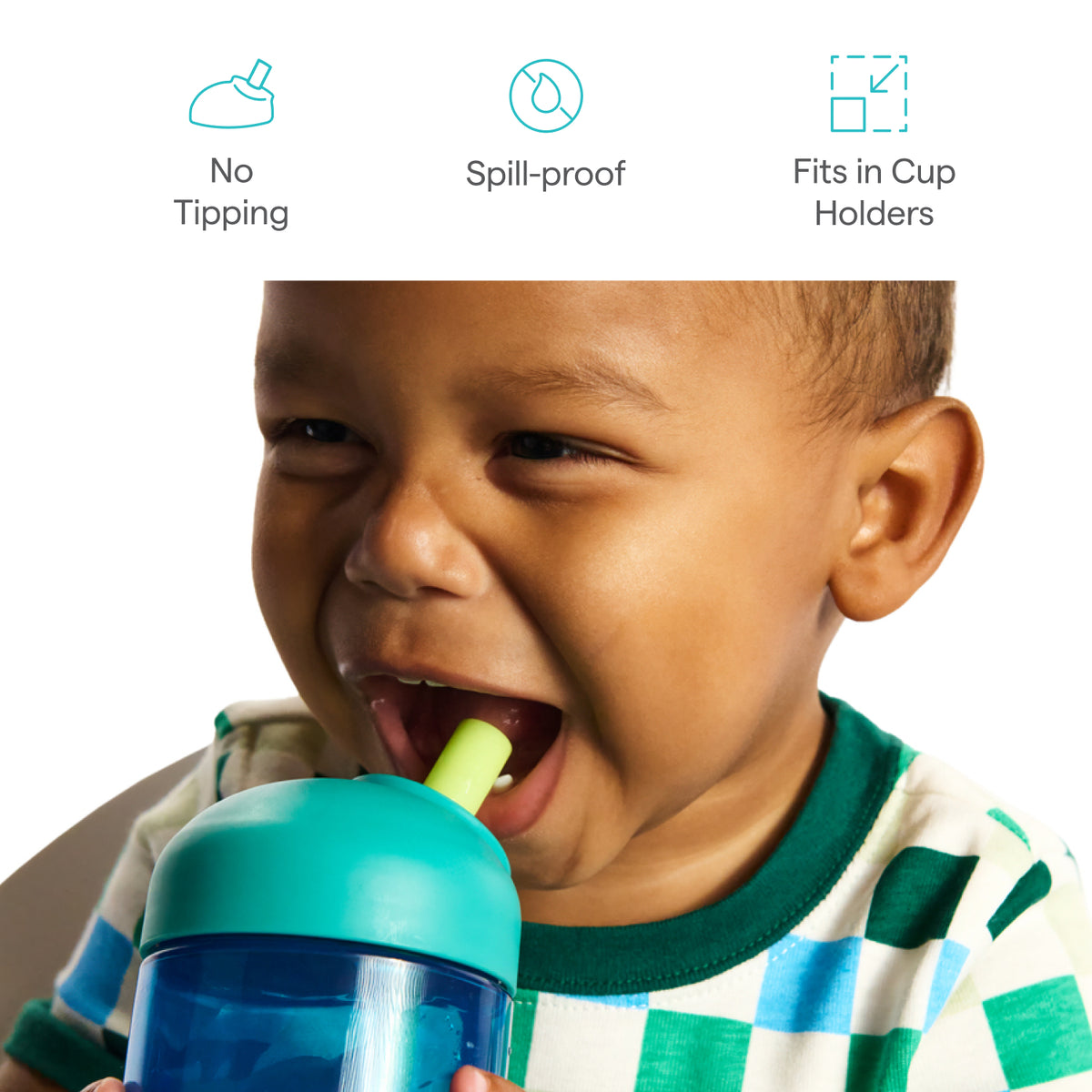 Child drinking from a blue sippy cup with features listed above.