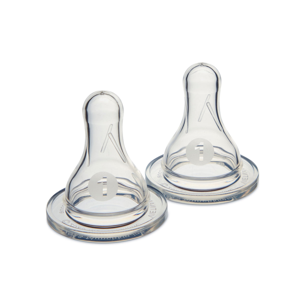 Two clear silicone baby bottle nipples on a white background.