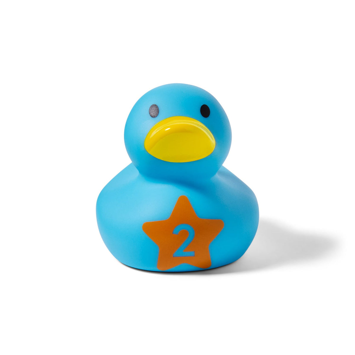 The Count Quack Bath Duckies by Munchkin features a blue duck with a yellow beak, black eye, and an orange star with the number 2 on its chest, shown on a white background.