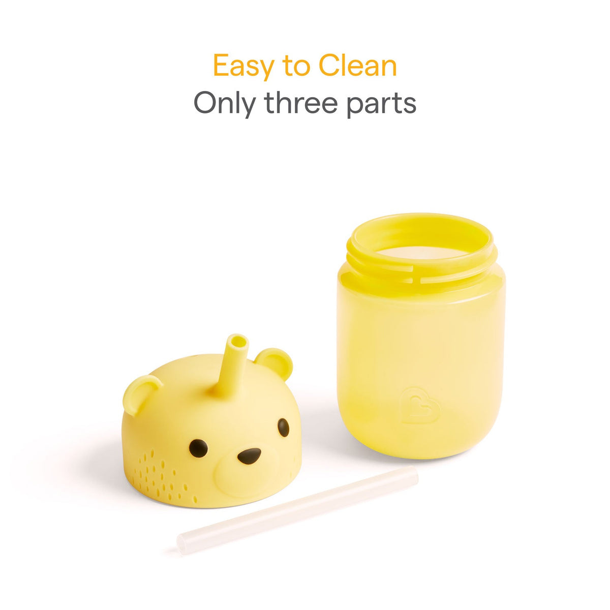 Yellow container with lid featuring a cartoon face, accompanied by text 'Easy to Clean' and 'Only three parts' on a white background.