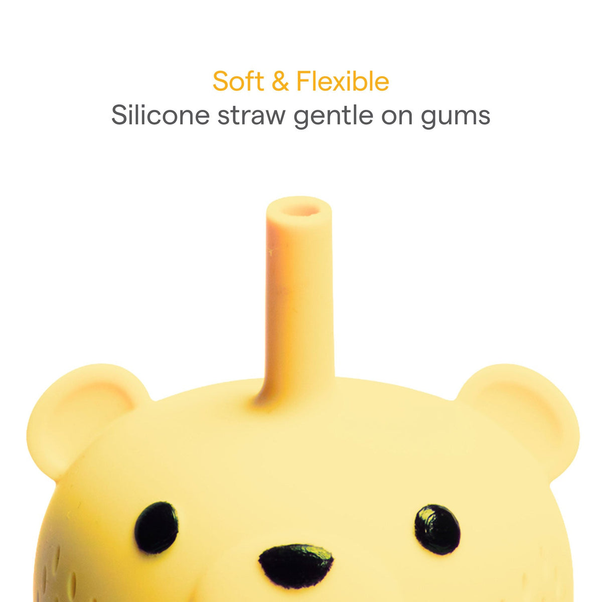 Yellow silicone straw shaped like a bear with text 'Soft & Flexible Silicone straw gentle on gums' on a white background