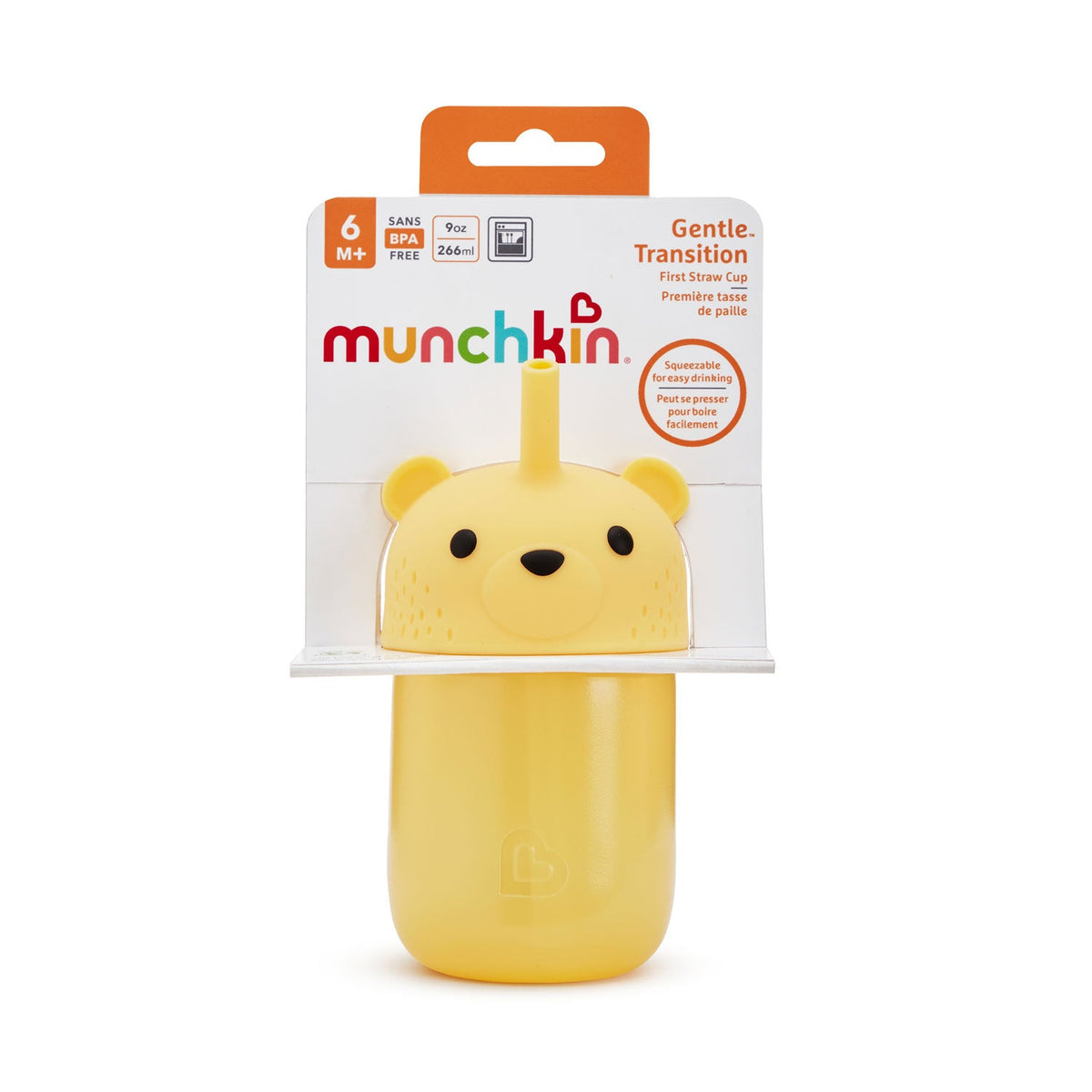 Yellow Munchkin sippy cup with bear design in packaging on a white background
