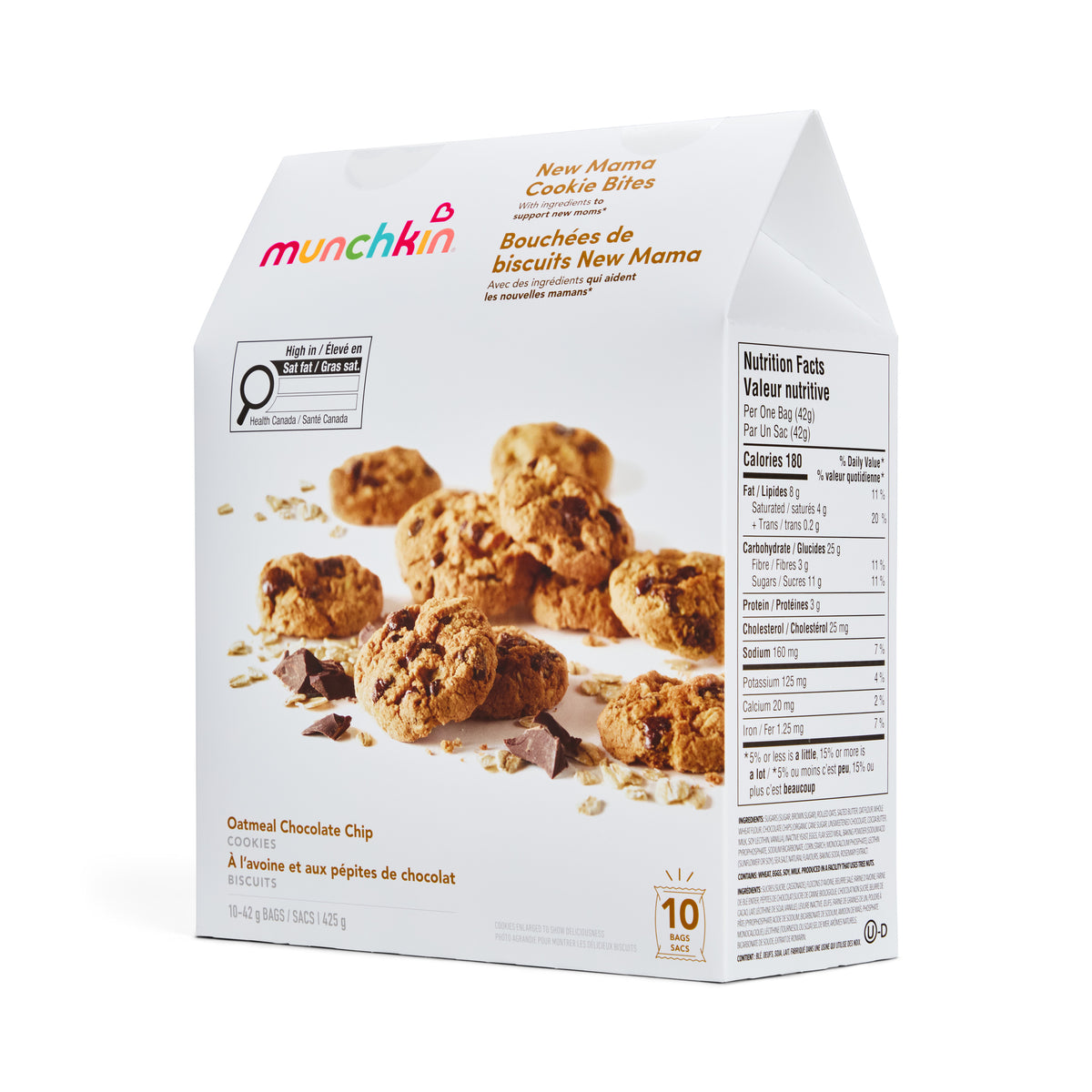 Box of Munchkin New Mama Cookie Bites with cookies on a white