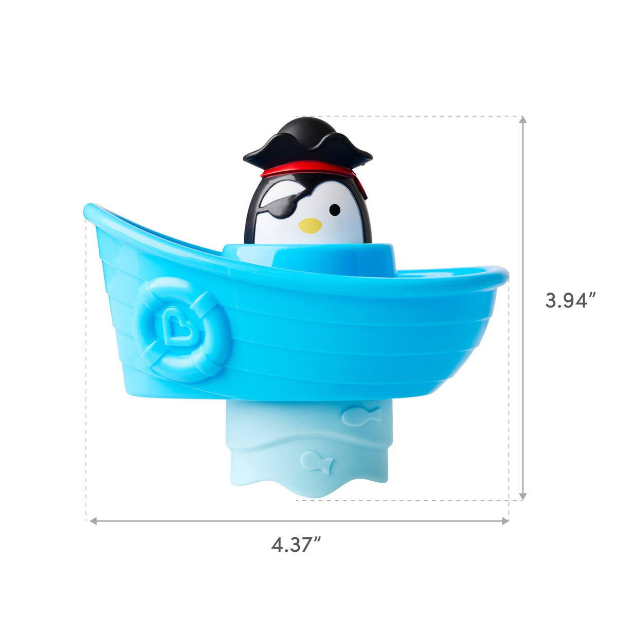 Penguin in a blue boat with dimensions labeled on a white background