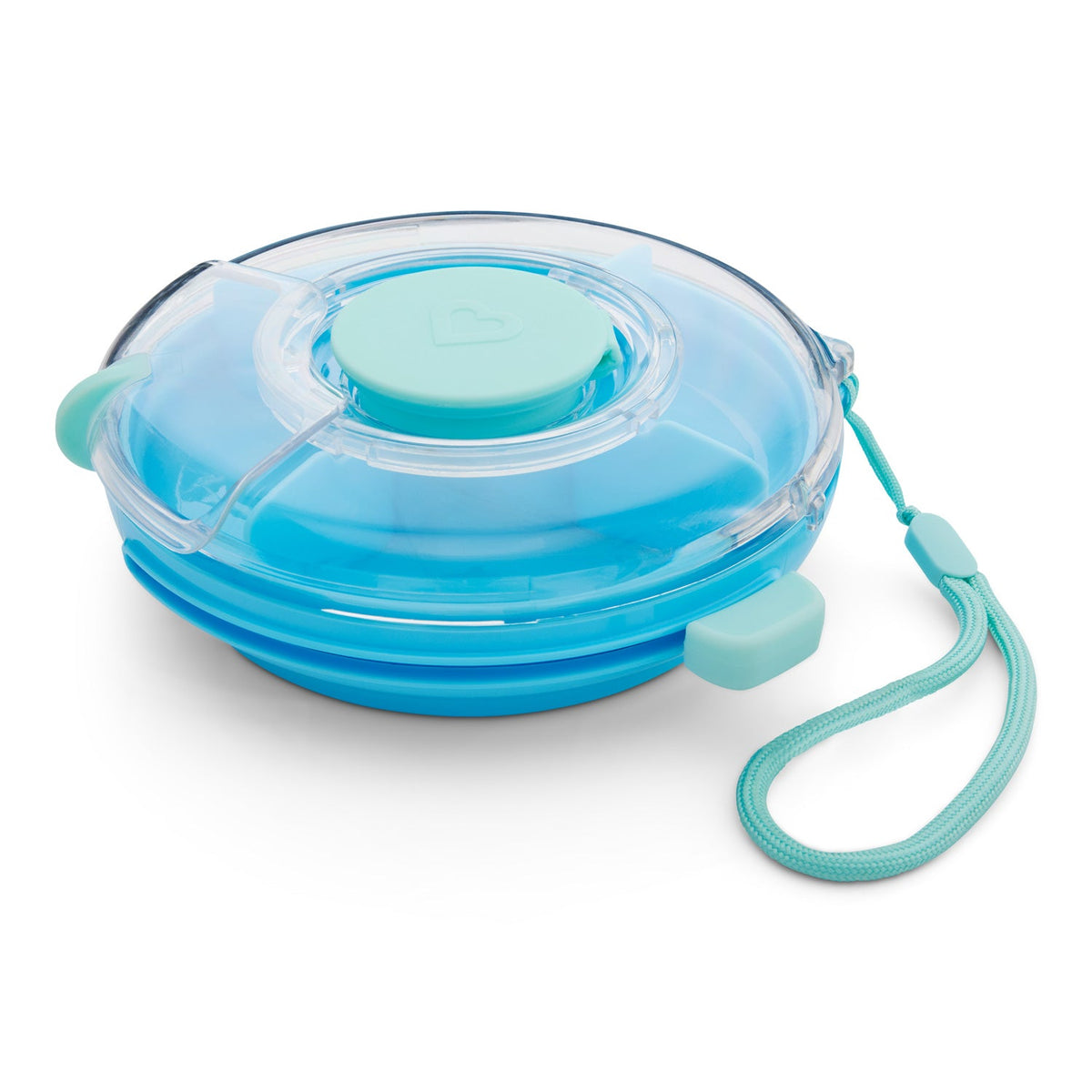 Blue and clear retractable dog leash on a white background
