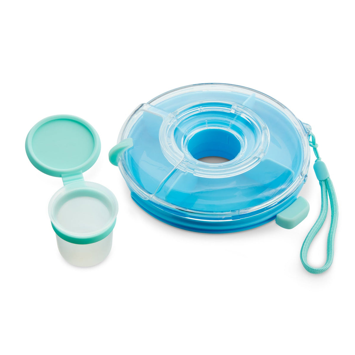 Blue and green snack container with a small cup on a white background