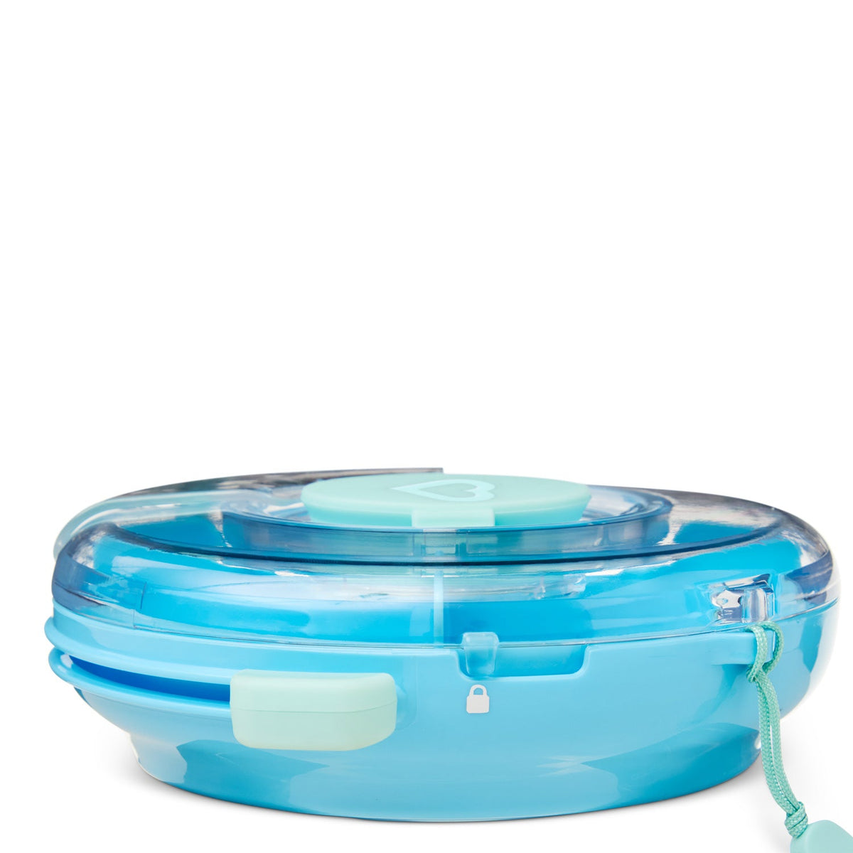 Blue and clear plastic container with a lid on a white background