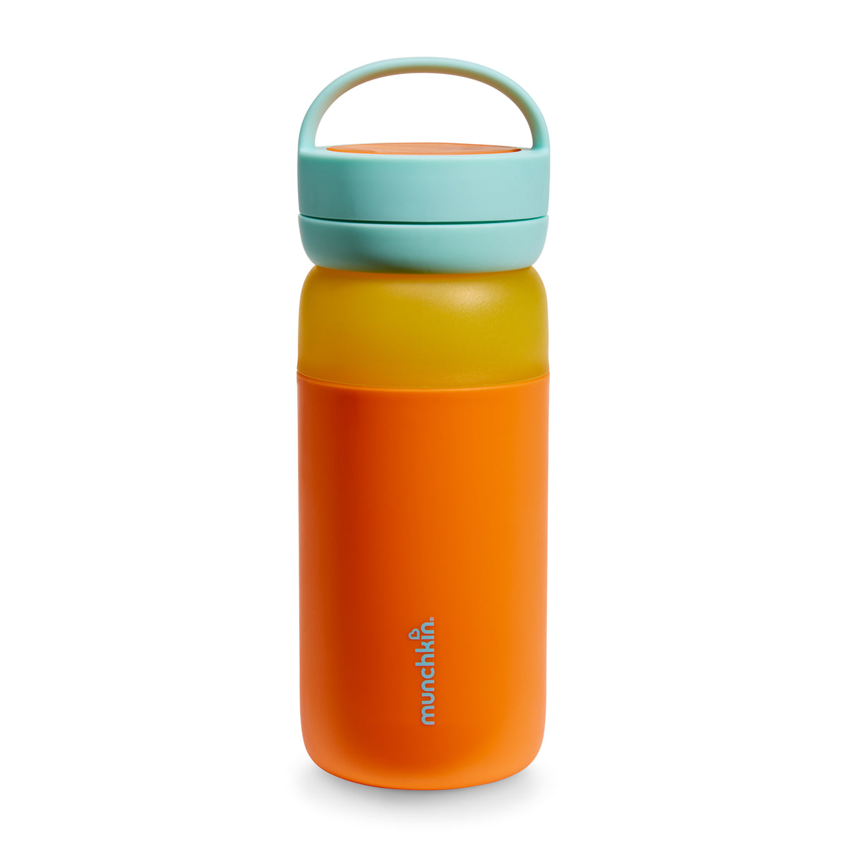 Orange water bottle with a light blue cap on a white background