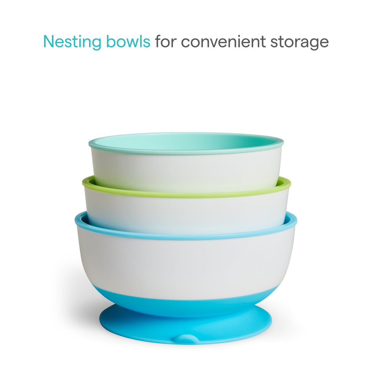 Set of three nesting bowls in blue, green, and white on a white background with text 'Nesting bowls for convenient storage'.