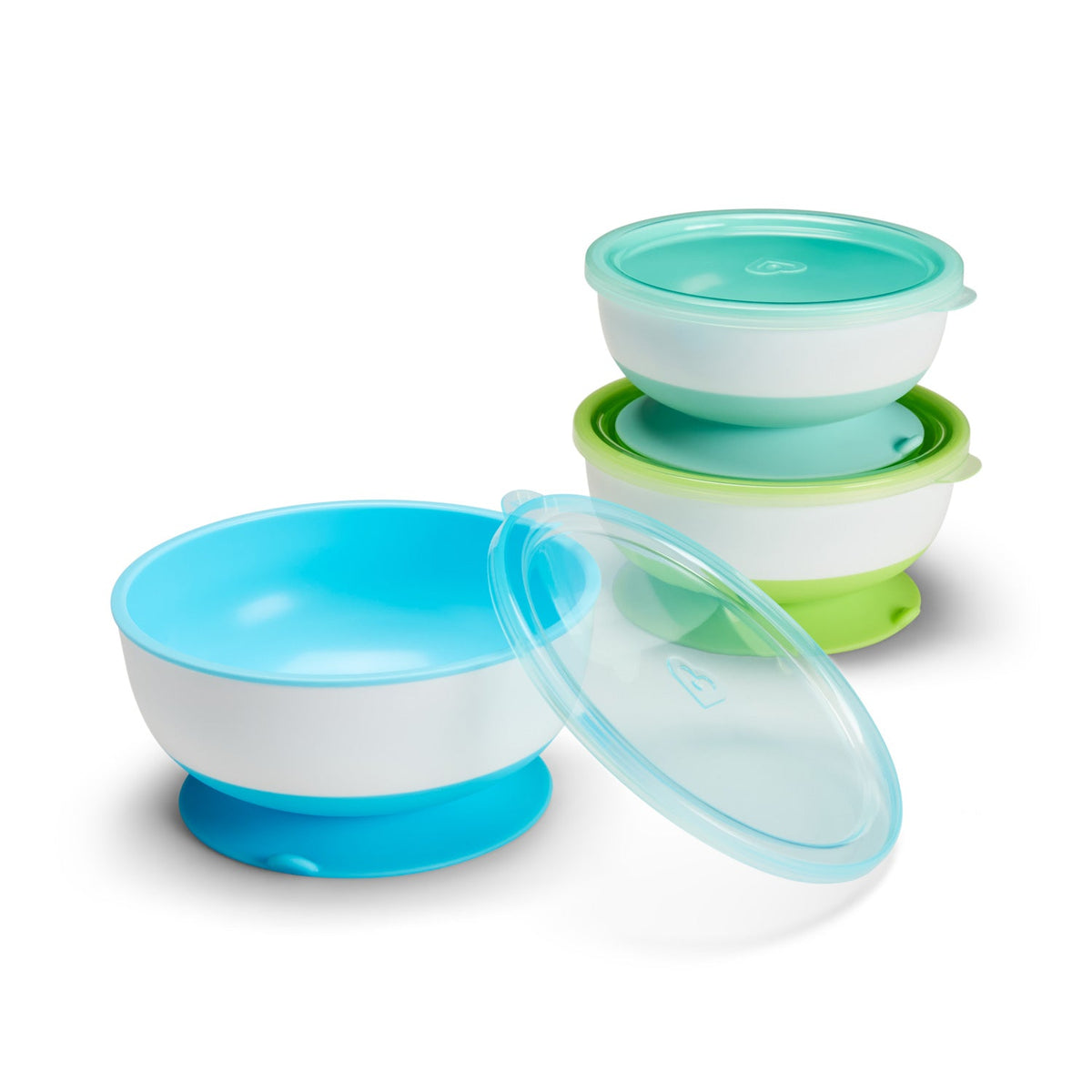 Set of three nesting bowls with lids in blue, green, and white on a white background