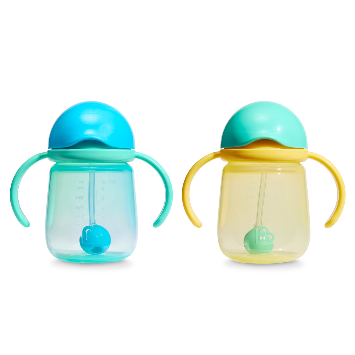 Two baby sippy cups, one blue and one yellow, on a white background