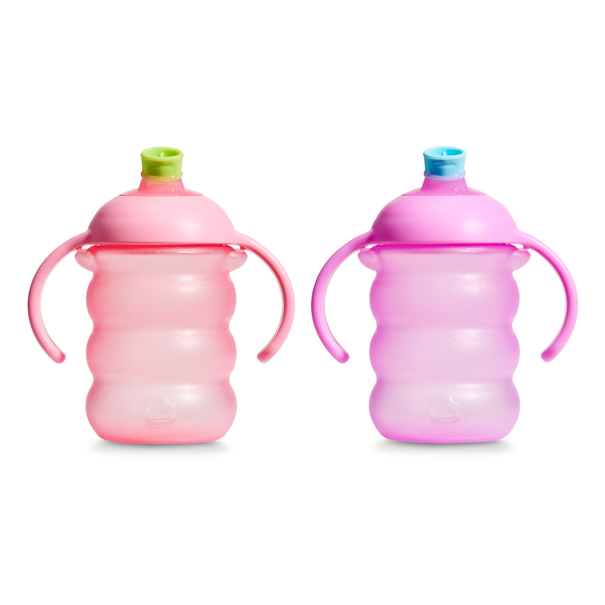 Two pink sippy cups with handles on a white background