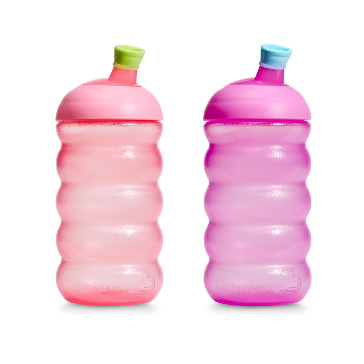 Two colorful water bottles with different colored caps on a white background