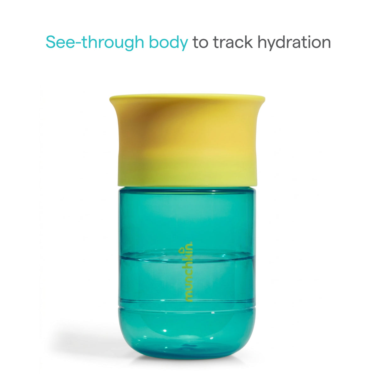 Hydration tracker with yellow top and blue body on a white background
