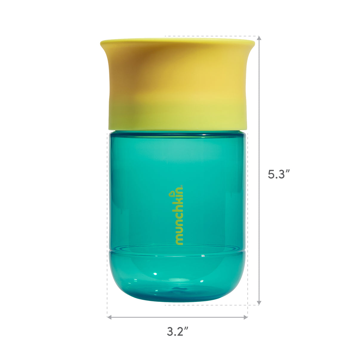 Teal sippy cup with yellow lid and 'munchkin' branding, shown with dimensions on a white background.