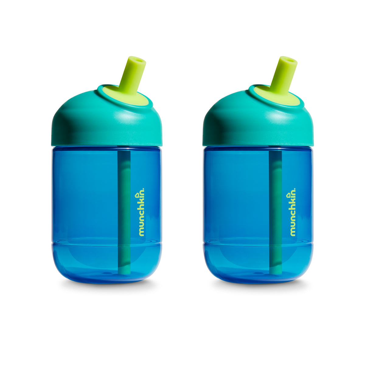Two blue sippy cups with green straws and lids on a white background
