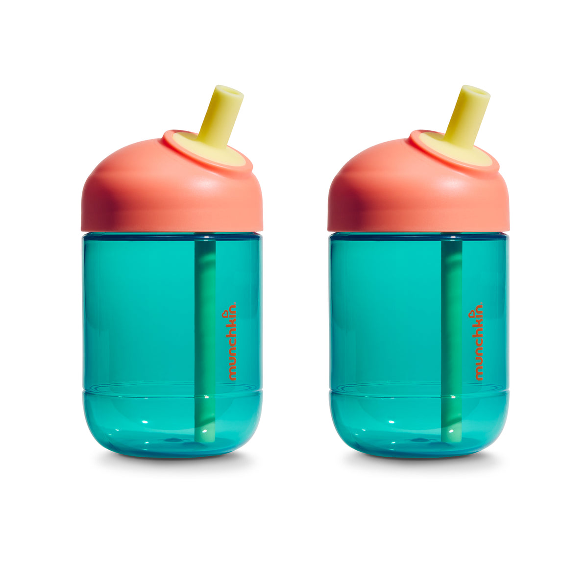 Two turquoise sippy cups with coral lids on a white background