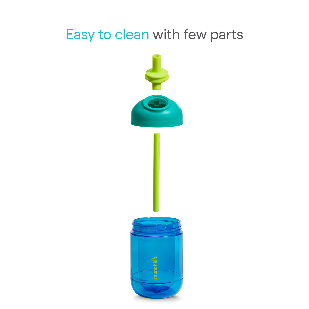 Blue water bottle with green straw and cap on a white background