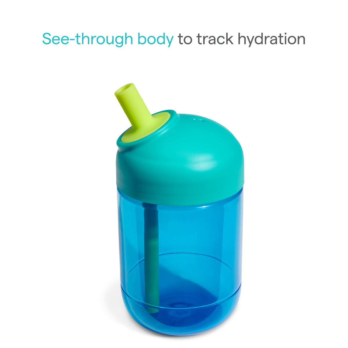 Blue sippy cup with green lid and straw on a white background