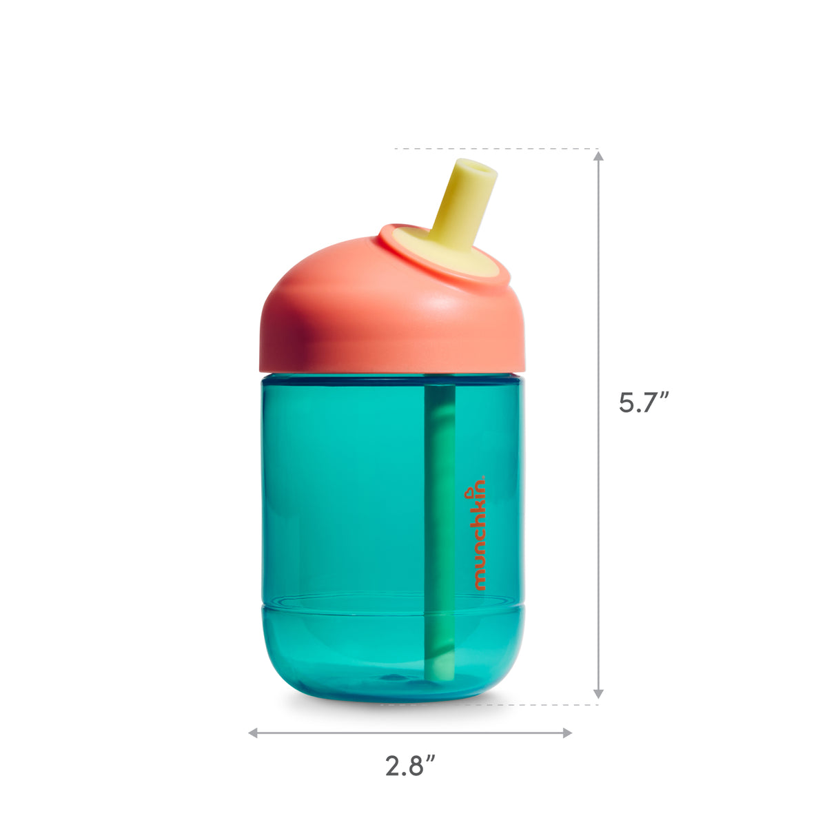 Teal water bottle with coral cap and straw on a white background