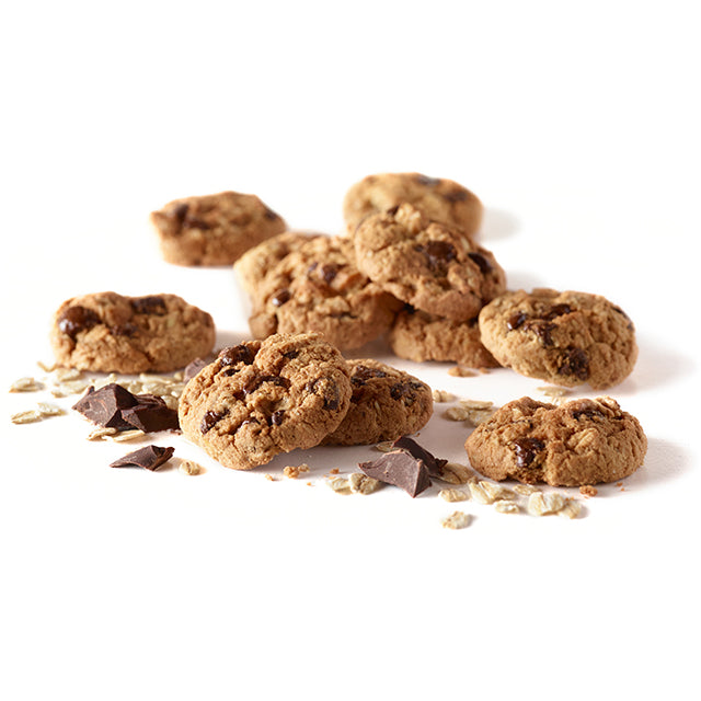 Cookies with chocolate chips and oats on a white background