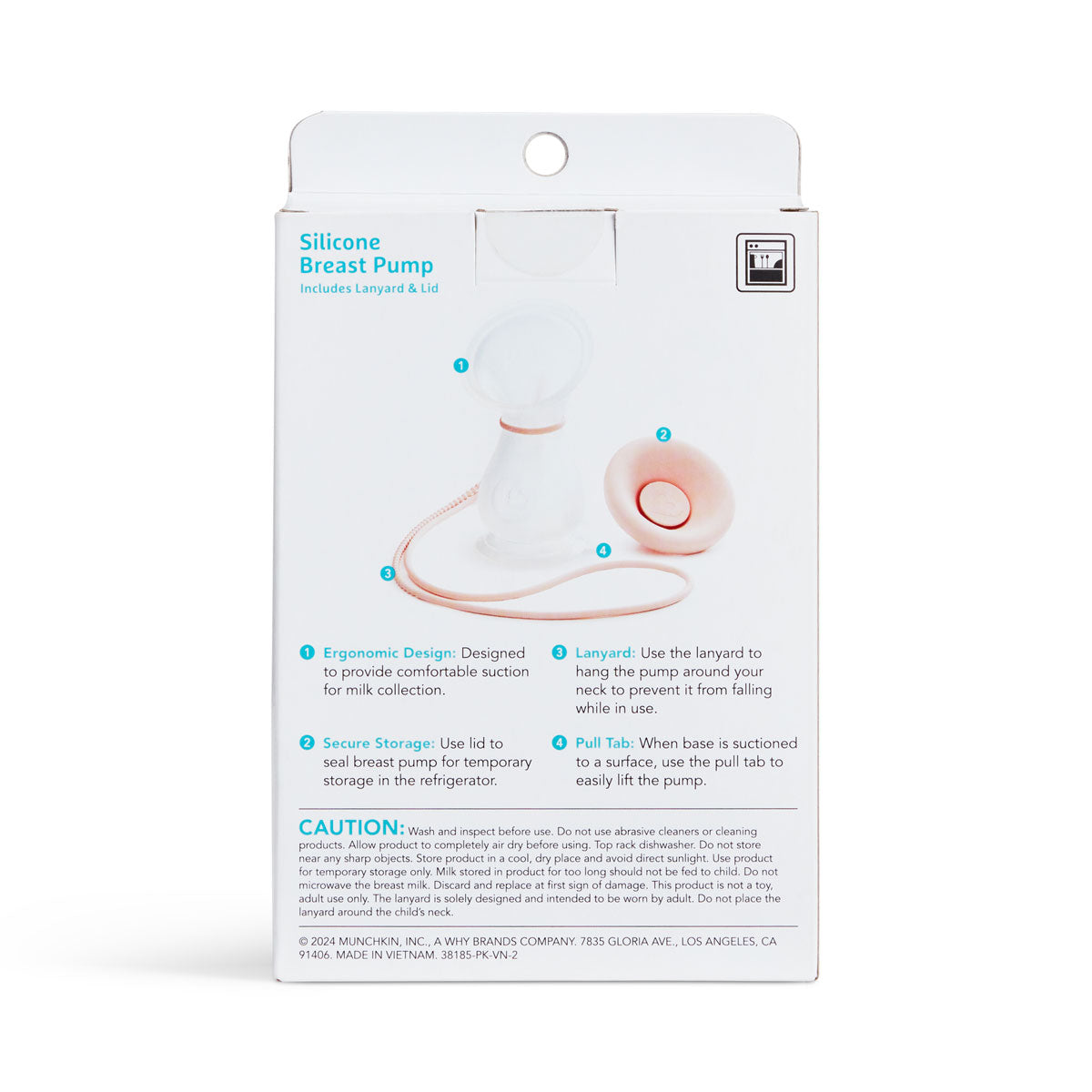 Back of Munchkin Silicone Breast Pump packaging showing product diagram with labeled features: ergonomic design, secure storage lid, lanyard, and pull tab.
