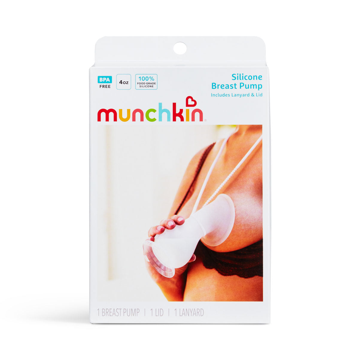 Munchkin Silicone Breast Pump packaging showing a woman using the pump, with text noting BPA Free, 4oz, 100% food grade silicone, includes lanyard and lid.