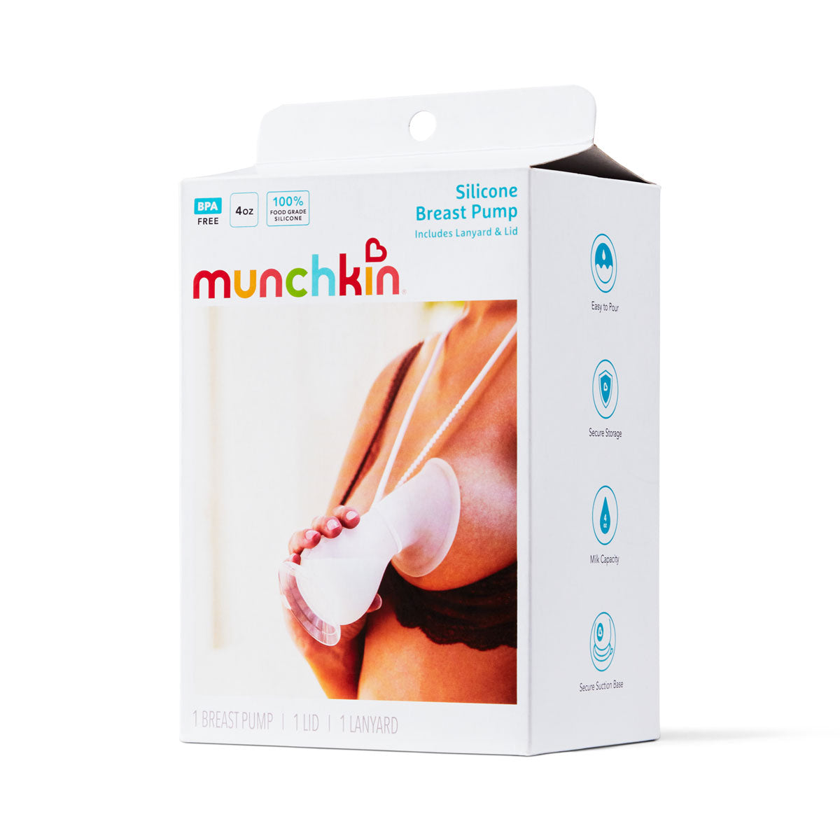 Munchkin Silicone Breast Pump packaging, BPA free, 100% food grade silicone, includes lanyard and lid, shown in white retail box with lifestyle photo.