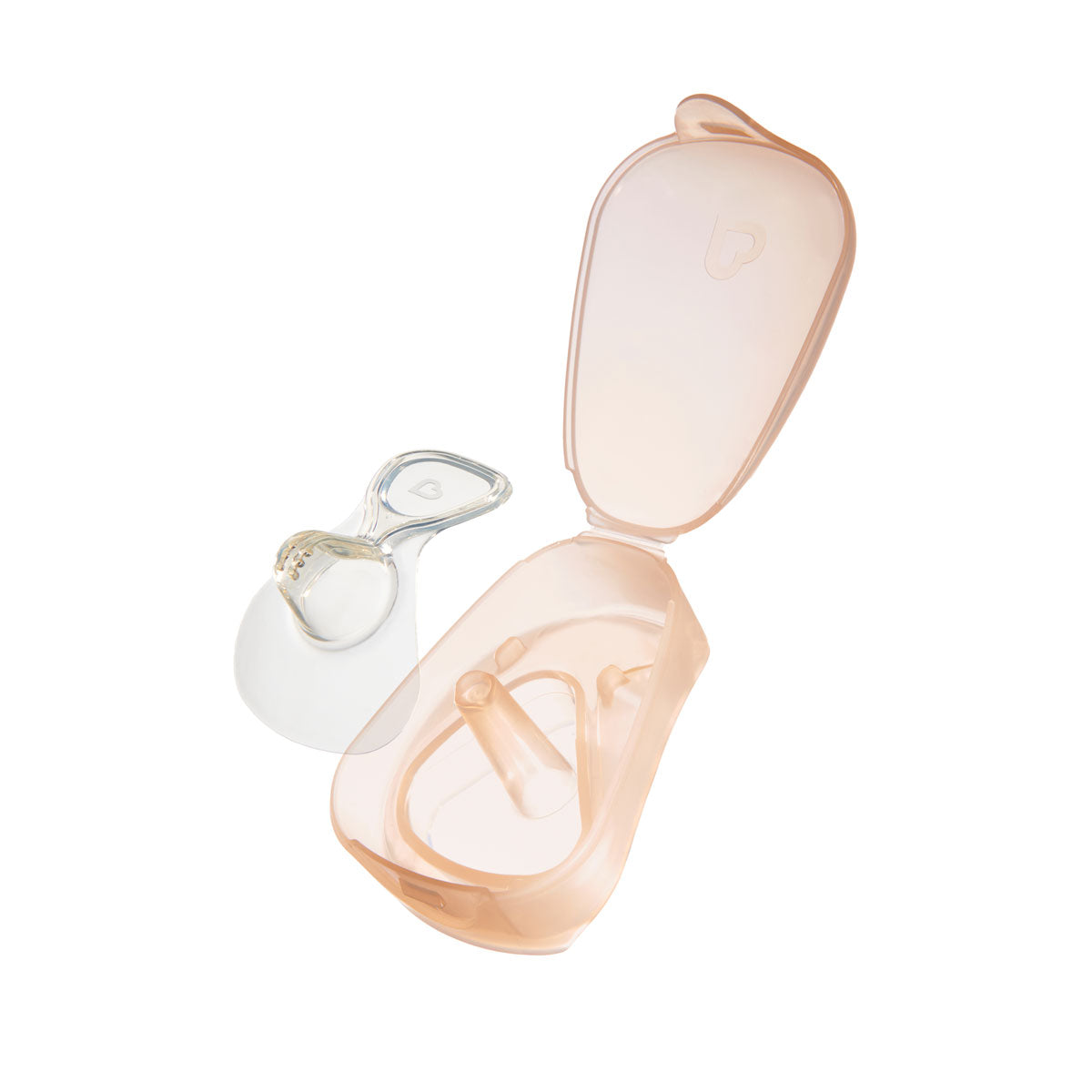 Pink sunglasses with a clear case on a white background