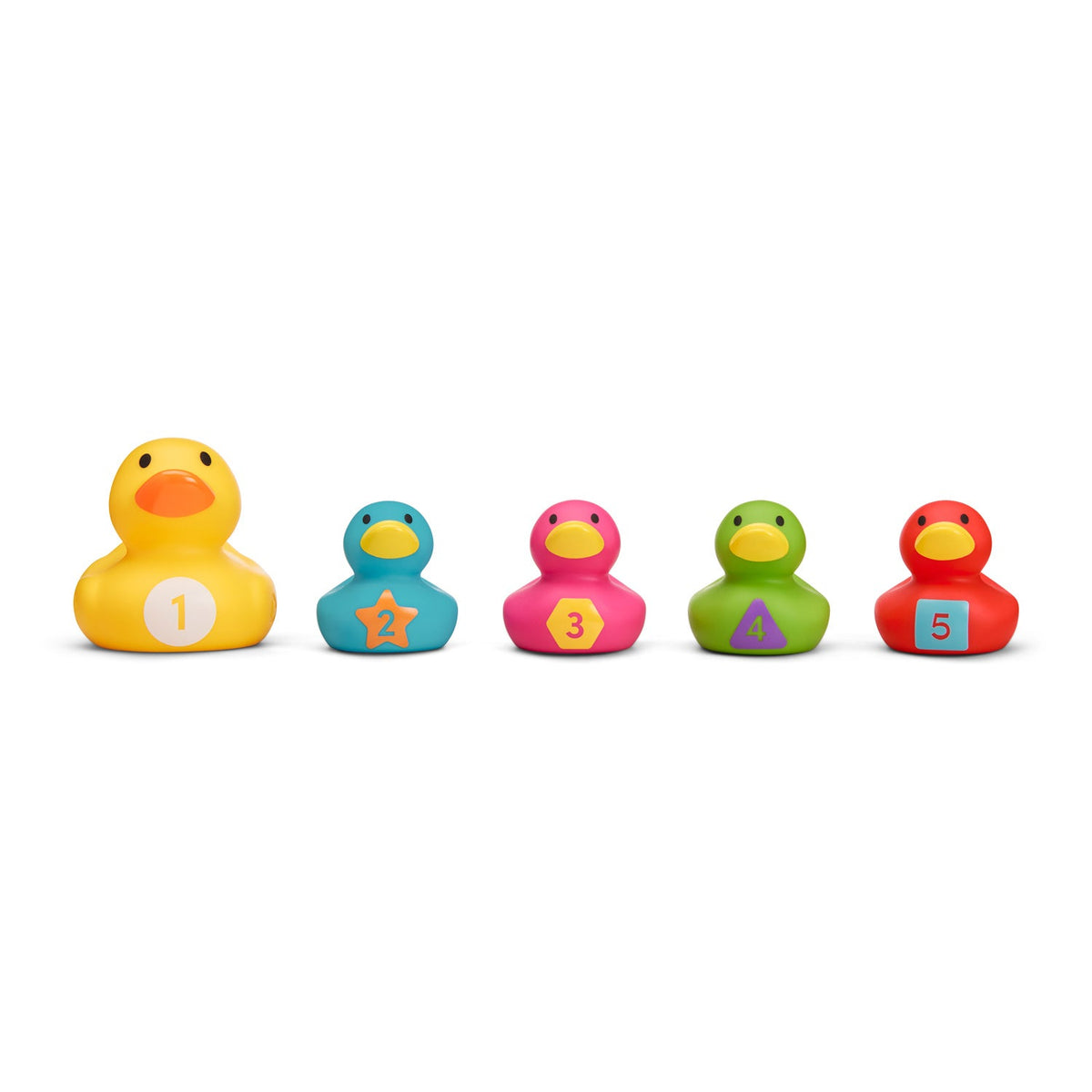 Five colorful rubber ducks with numbers and symbols on a white background