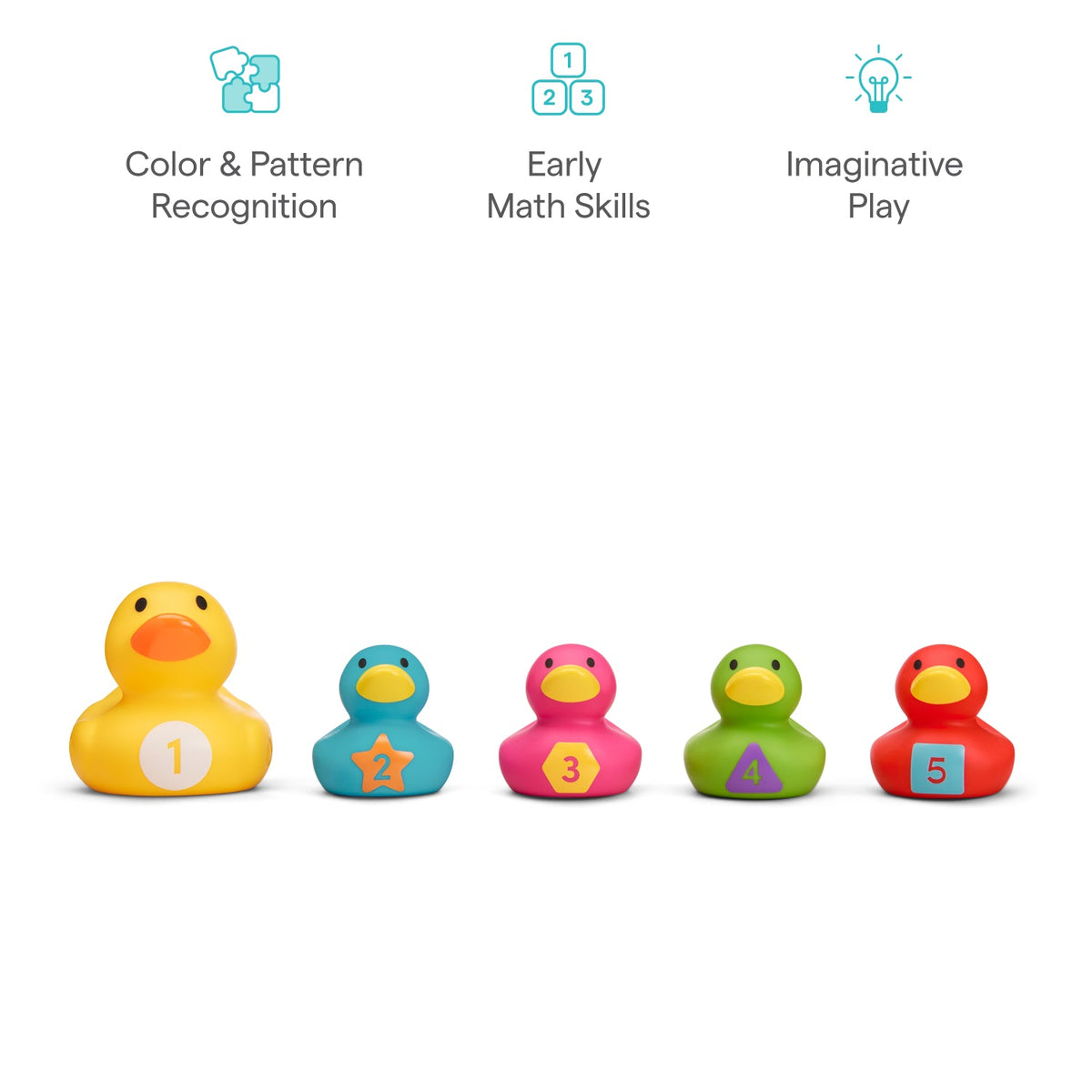 Munchkin Count Quack Bath Duckies feature five numbered, colorful ducks in different sizes. Above, icons highlight benefits like color recognition, early math skills, and imaginative play.