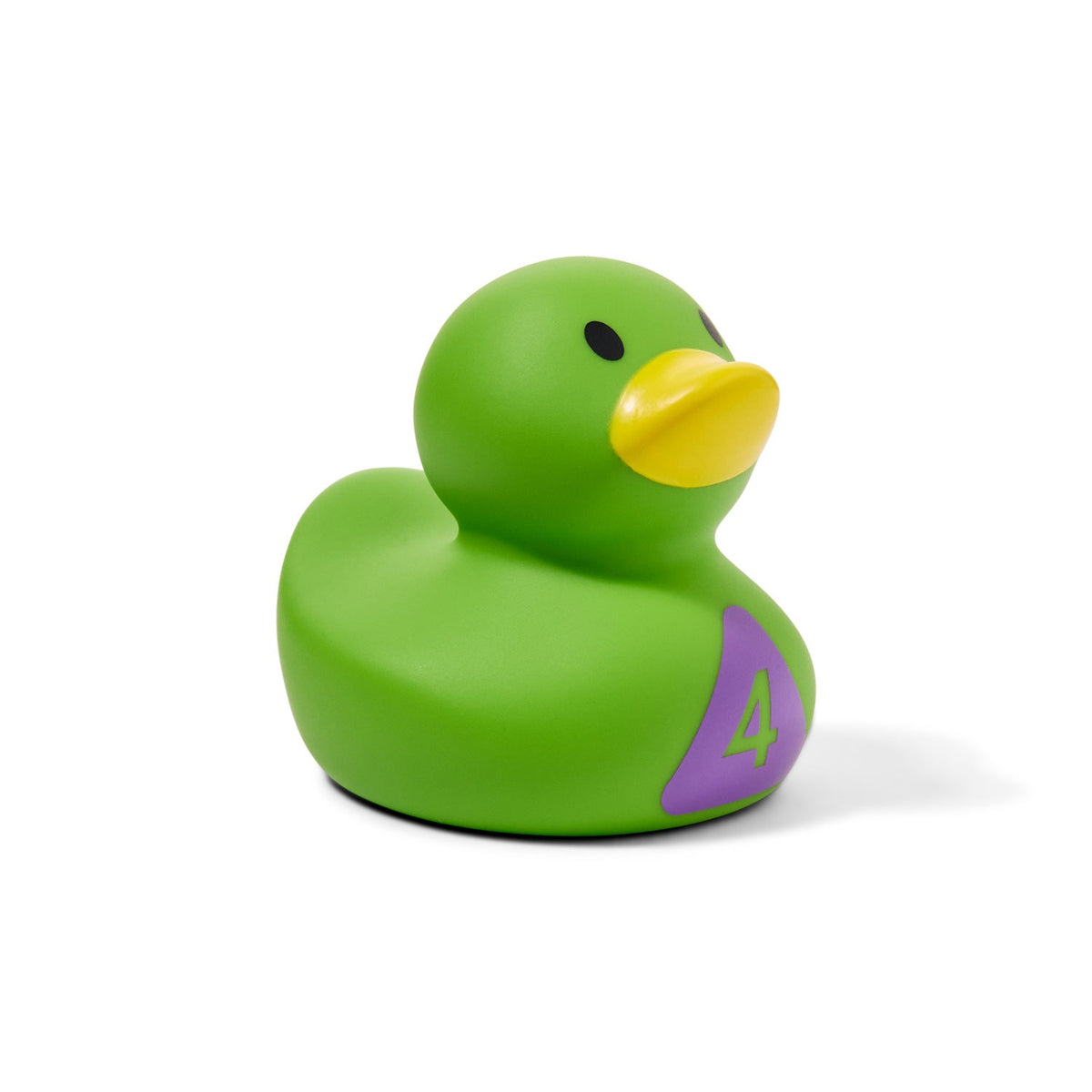 The Munchkin Count Quack Bath Duckies features a green rubber duck with a yellow beak and a purple chest patch showing the number 4, photographed on a plain white background.