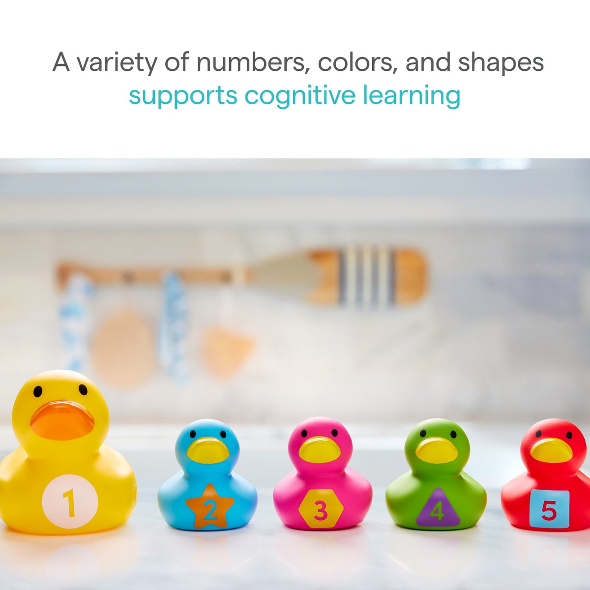 Munchkin Count Quack Bath Duckies feature five colorful, numbered ducks in various sizes, helping children learn numbers, colors, and shapes during bath time.