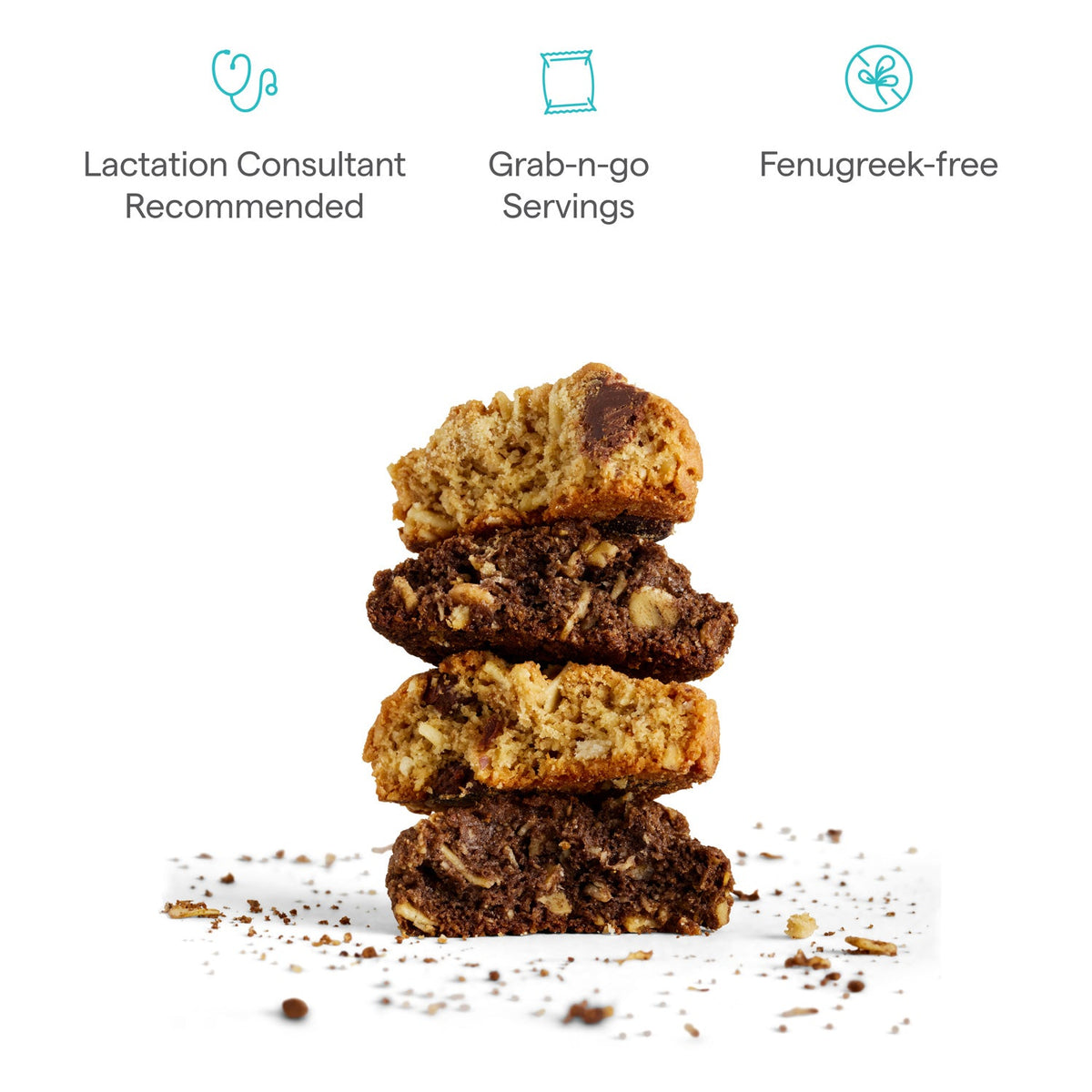 Stack of cookies with nutritional information icons on a white background