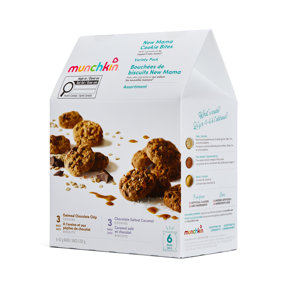 Box of Munchkin New Mama Cookie Bites on a white background