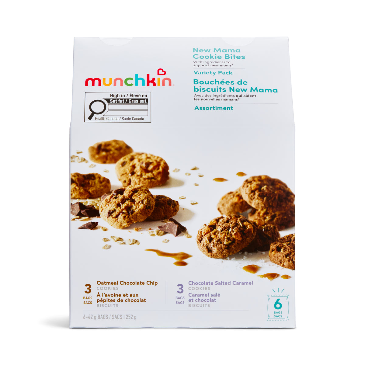 Box of Munchkin New Mama Cookie Bites on a white background