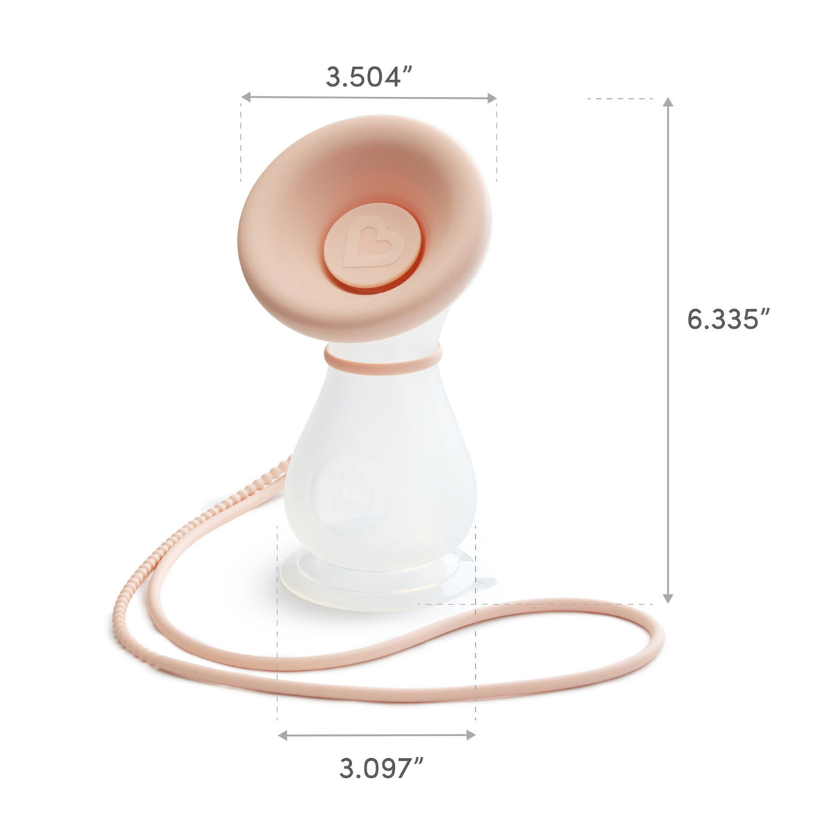 Munchkin breast pump with dimension callouts: 3.504 inches wide, 6.335 inches tall, and 3.097 inches at the base. Blush pink silicone flange and tubing with clear collection bottle.