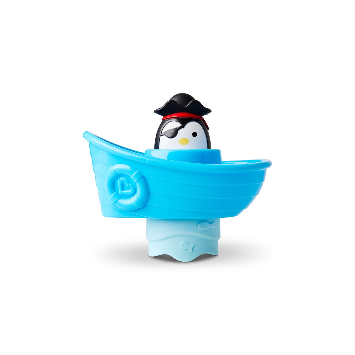 Penguin toy in a blue bathtub on a white background