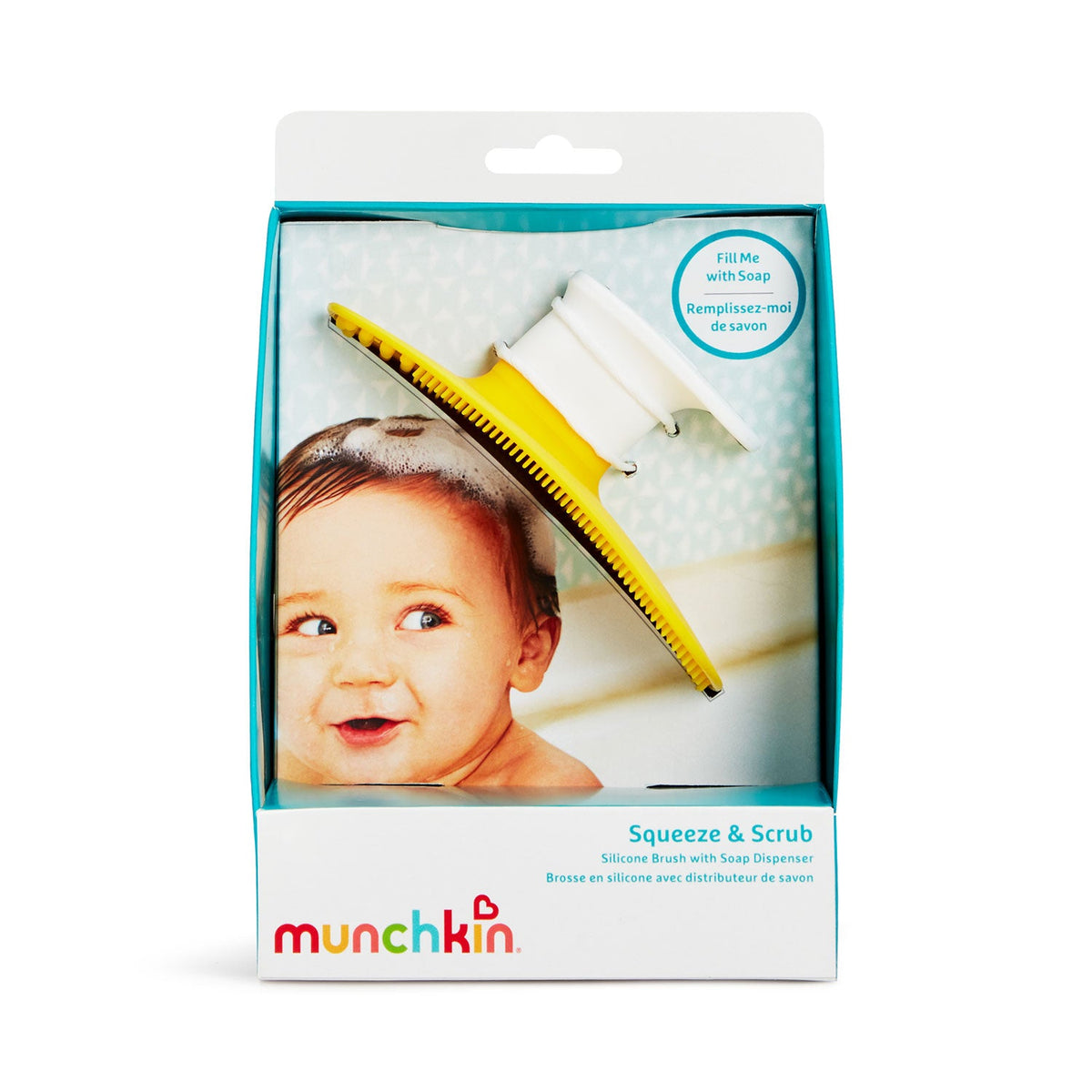 Munchkin squeeze and scrub product packaging with a baby on the label.