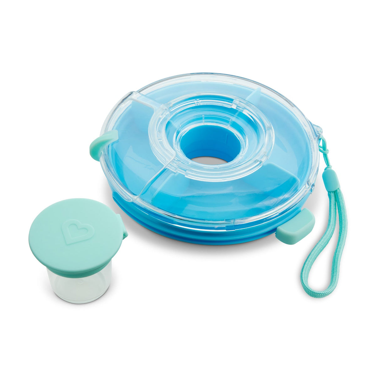 Blue and green silicone lid with a strap on a white background