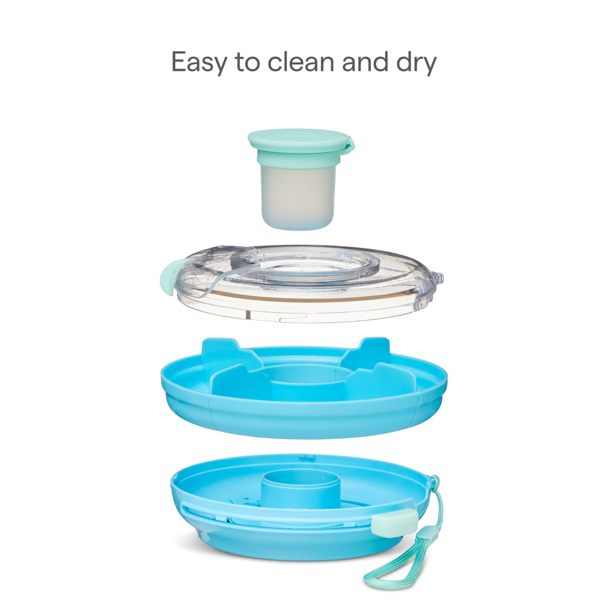 Set of blue and clear silicone lids on a white background with text 'Easy to clean and dry.