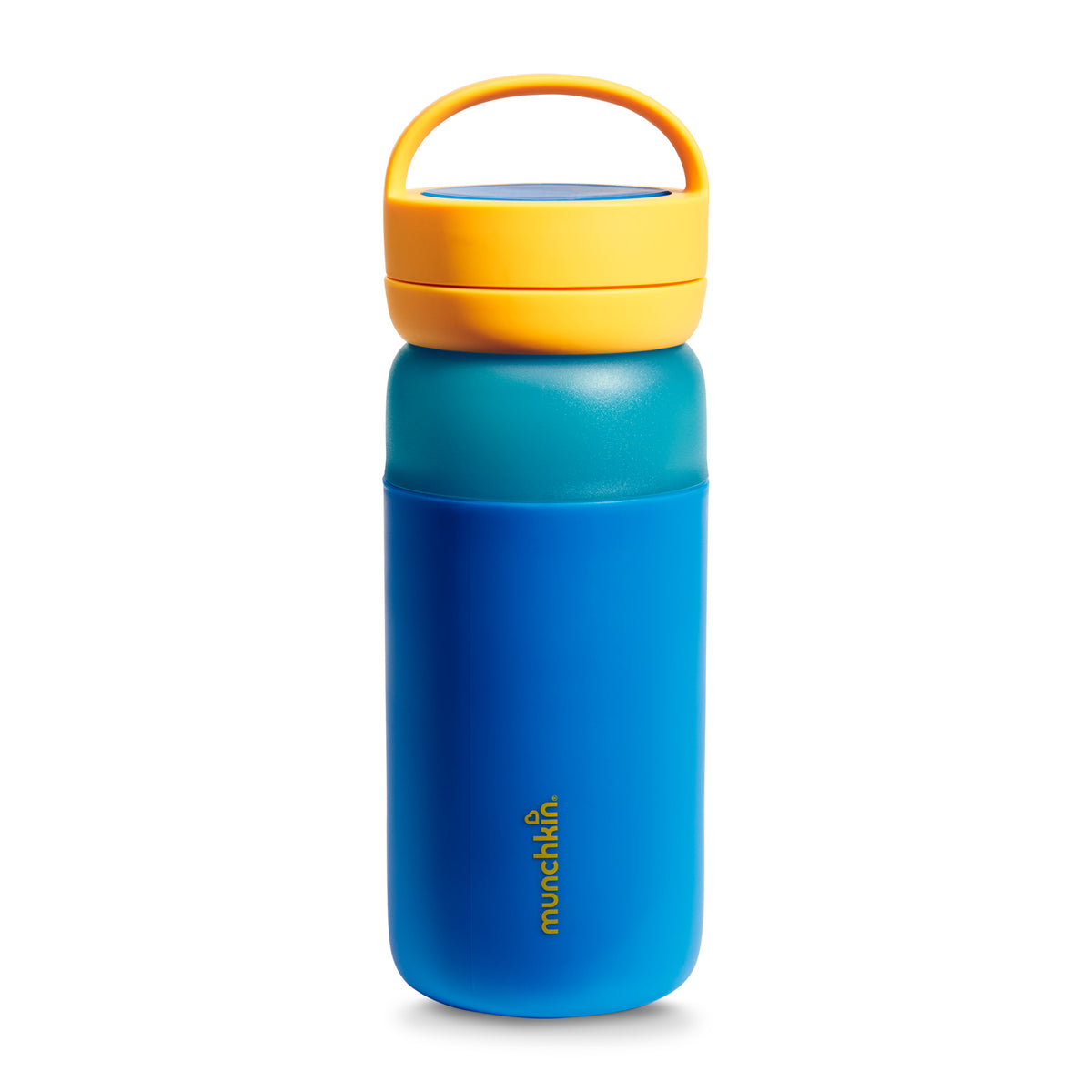 Blue water bottle with yellow lid on a white background