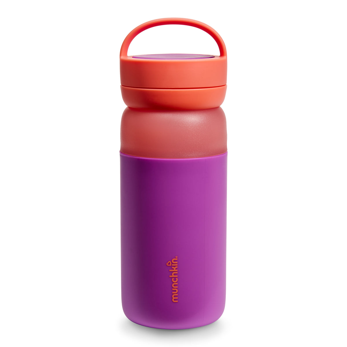 Purple water bottle with an orange handle on a white background