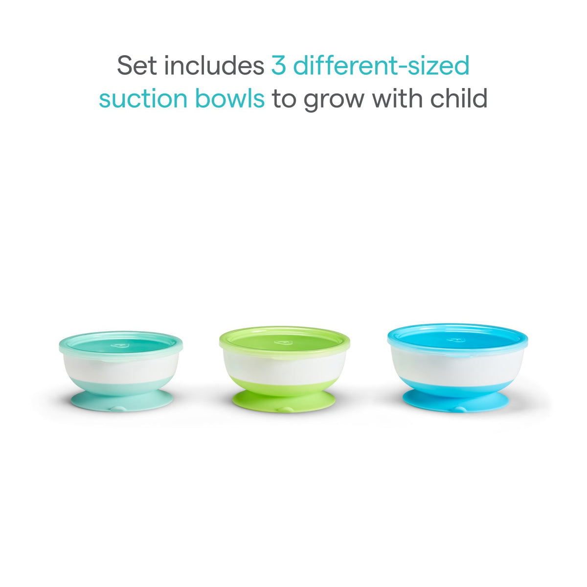 Three different-sized suction bowls on a white background with text indicating they are part of a set to grow with a child.