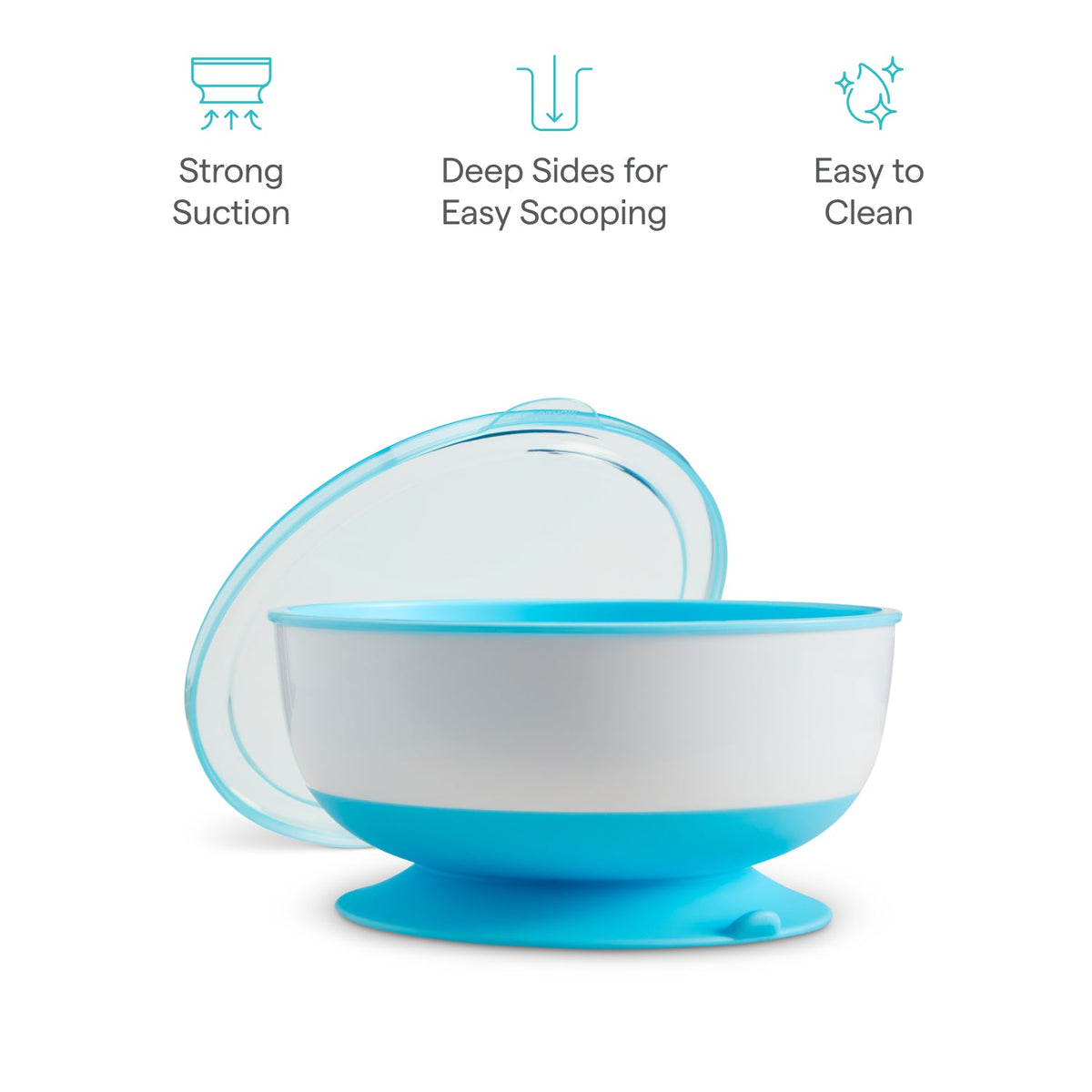 Blue and white suction bowl with features listed on a white background