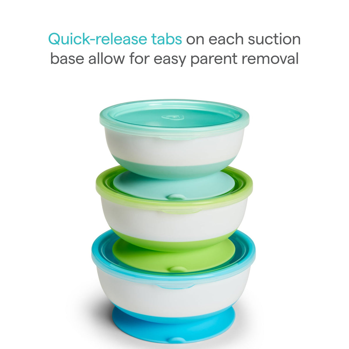 Stack of silicone bowls with green and blue lids on a white background