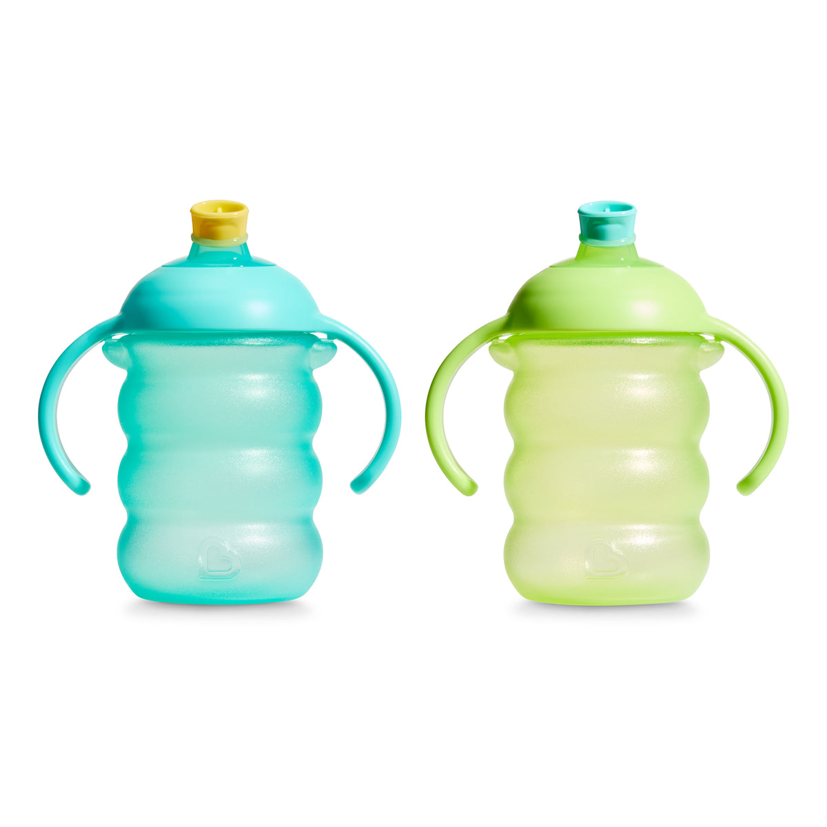 Two sippy cups, one blue and one green, on a white background